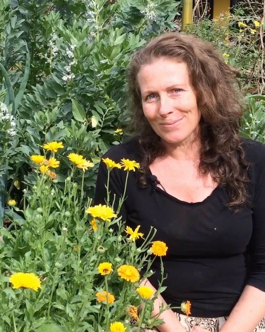 Morag Gamble in her abundant permaculture garden