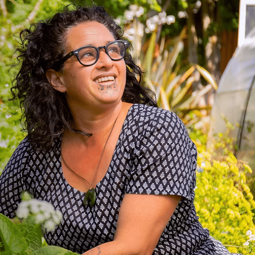 Morag at computer, preparing a free permaculture masterclass